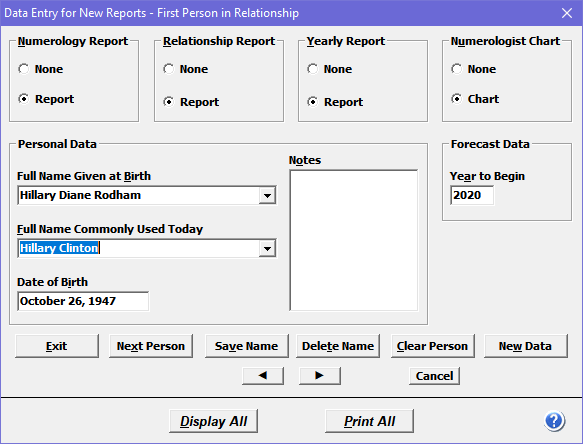 Data entry dialog box where you select reports and enter names and birth date