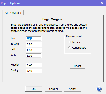 Report Options dialog box where you configure how reports are set up
